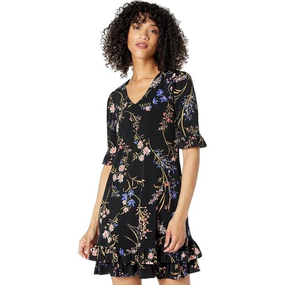 CeCe Dresses & Skirts - Floral V-Neck Ruffle Hem Dress - Black